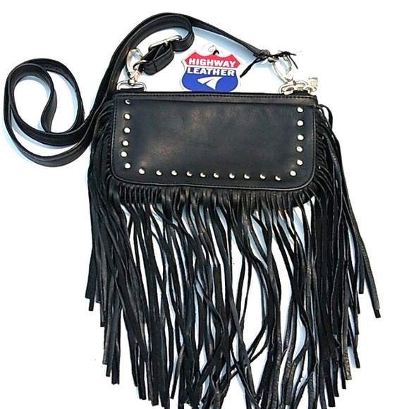 Highway Leather Handbags - Highway Leather Black Hip Belt Bag Crossbody Fringe Stud Biker Boho Cowgirl Moto